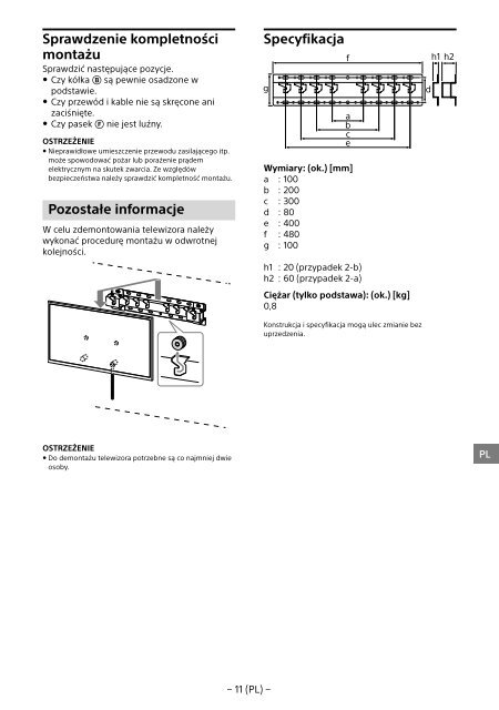 Sony KDL-65W858C - KDL-65W858C Informations d'installation du support de fixation murale Bosniaque