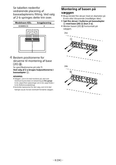 Sony KDL-65W858C - KDL-65W858C Informations d'installation du support de fixation murale Bosniaque