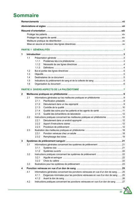 Lignes directrices de l'OMS applicables aux prélèvements sanguins ...