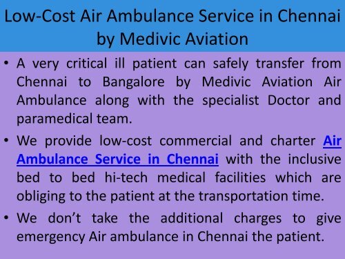 Low Fair Air Ambulance Service in Chennai by Medivic Aviation