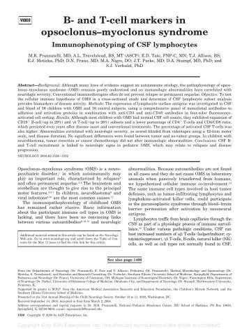 B- and T-cell markers in opsoclonus–myoclonus syndrome