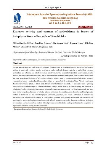 Enzymes activity and content of antioxidants in leaves of halophytes from saline soils of Kumisi lake