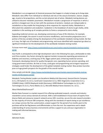 Metabolic Testing Market Industry Analysis, Size, Share, Growth, Trends, And Forecasts