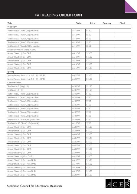 PAT READING ORDER FORM - ACER