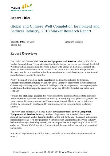 Global and Chinese Well Completion Equipment and Services Industry, 2018 Market Research Report