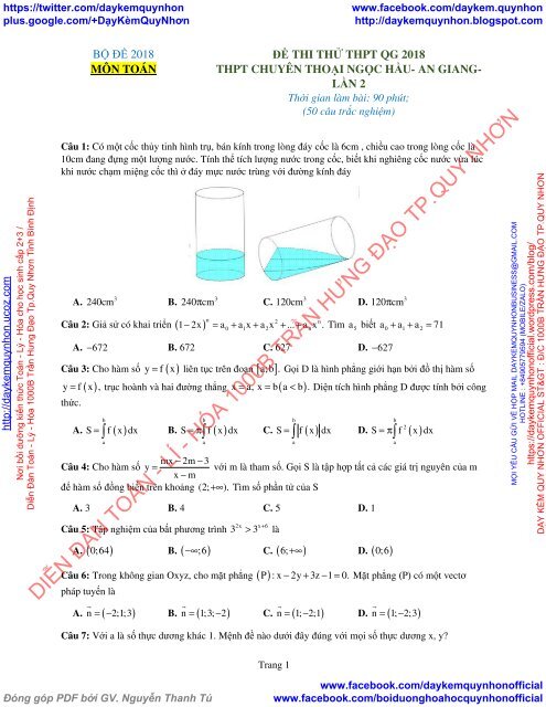 Bộ đề thi thử THPT QG 2018 Các môn TOÁN - LÍ - HÓA Các trường THPT Cả nước CÓ HƯỚNG DẪN GIẢI (Lần 27) [DC22052018]