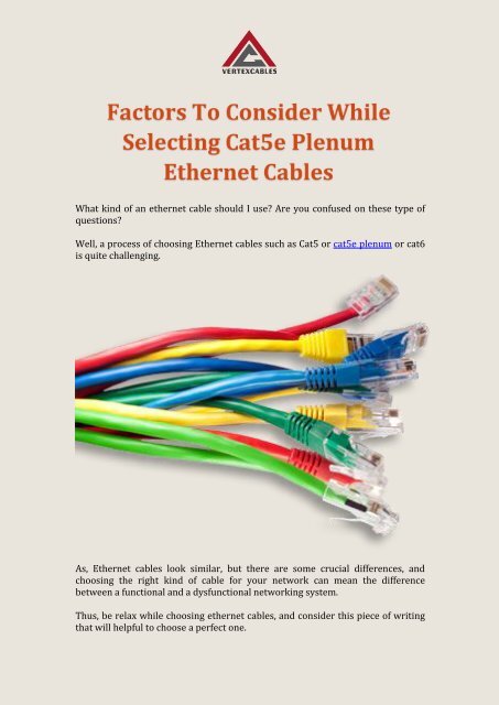 Factors To Consider While Selecting Cat5e Plenum Ethernet Cables