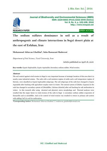 The sodium sulfates dominance in soil as a result of anthropogenic and climate interactions in Segzi desert plain at the east of Esfahan, Iran