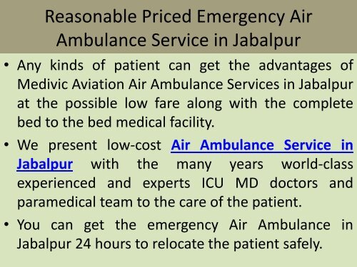 Get Advanced Medical Air Ambulance Service in Jabalpur