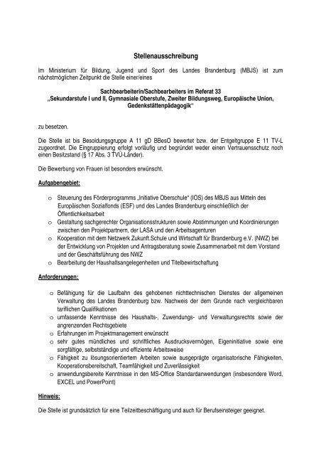 Stellenausschreibung Referat 33 (application/pdf ... - Brandenburg.de