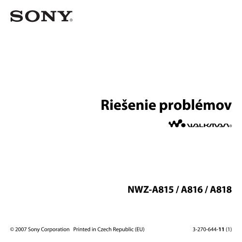Sony NWZ-A815 - NWZ-A815 Mode d'emploi Slovaque
