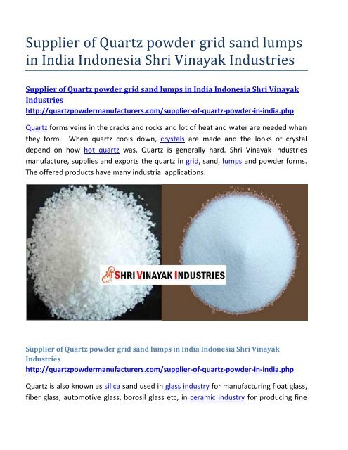 Supplier of Quartz powder grid sand lumps in India Indonesia Shri Vinayak Industries