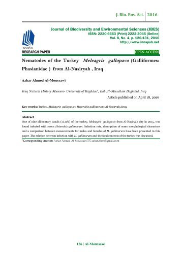 Nematodes of the Turkey Meleagris gallopavo (Galliformes: Phasianidae ) from Al-Nasiryah , Iraq