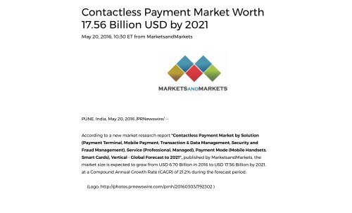 Contactless Payment Market worth 17.56 Billion USD by 2021