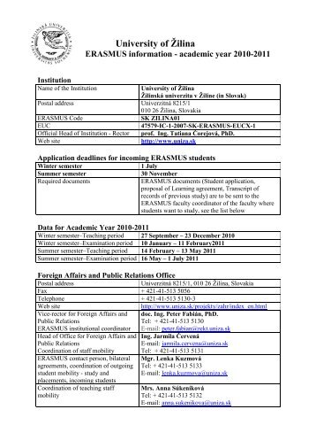 University of Žilina ERASMUS information