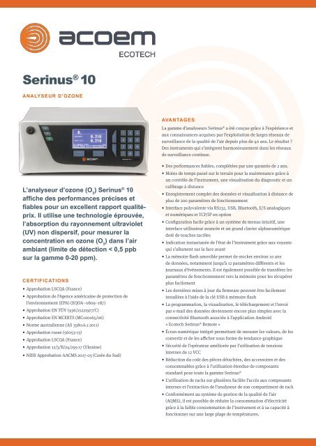 ACOEM Ecotech Serinus 10 O3 Gas Analyser spec sheet (Français)