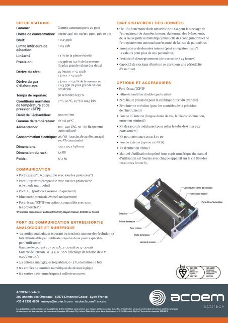 ACOEM Ecotech Serinus 10 O3 Gas Analyser spec sheet (Français)