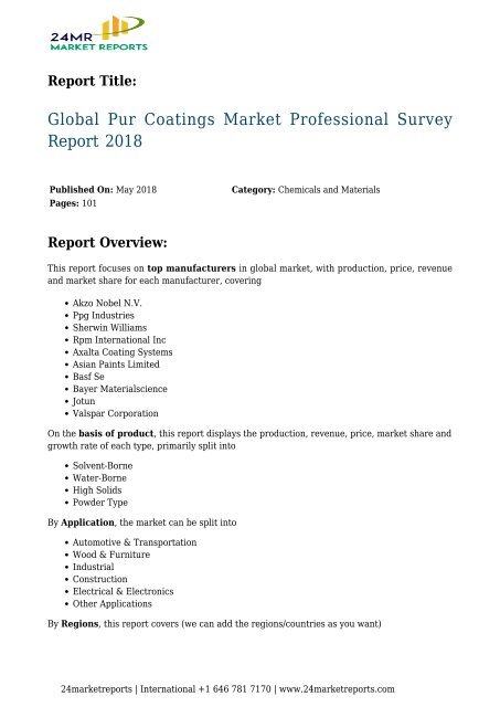 Pur Coatings Market Professional Survey Report 2018