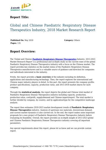 Paediatric Respiratory Disease Therapeutics Industry, 2018 Market Research Report