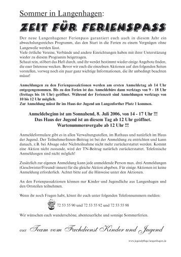 7. bis 11. August (in den Sommerferien) - Jugendpflege Langenhagen