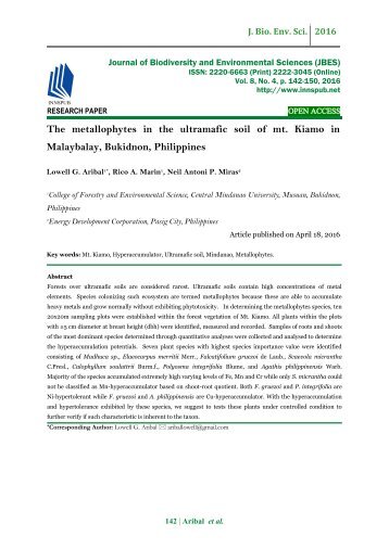 The metallophytes in the ultramafic soil of mt. Kiamo in Malaybalay, Bukidnon, Philippines