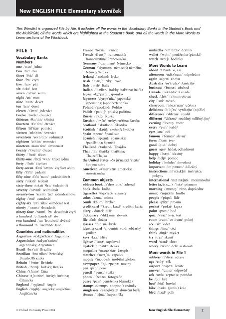 New English File Elementary wordlist