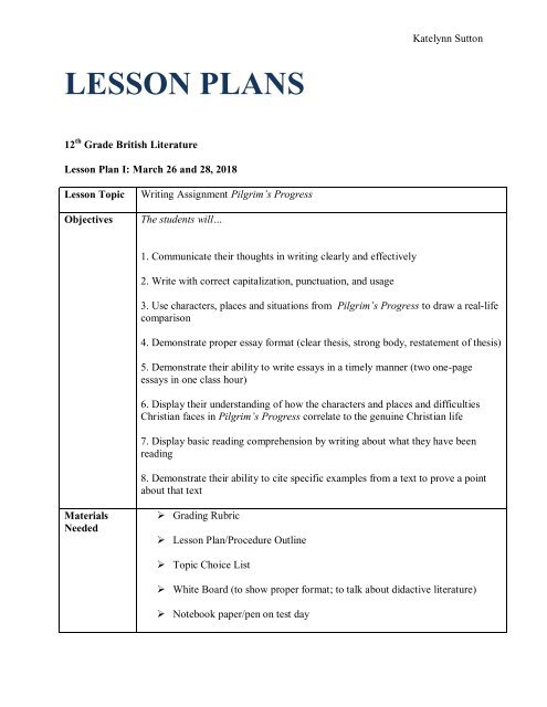 Pilgrim s Progress Essays Lesson Plan PDF