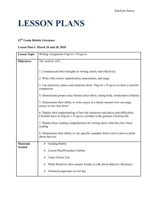 17 Pilgrim&amp;#039;s Progress Essays - Lesson Plan PDF