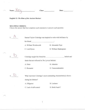 31 English 12 Test Key - The Rime of the Ancient Mariner