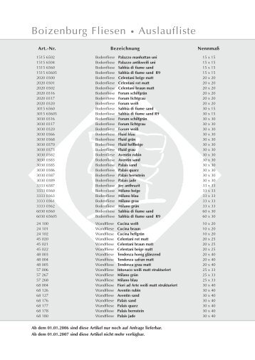 Boizenburg Fliesen • Auslaufliste