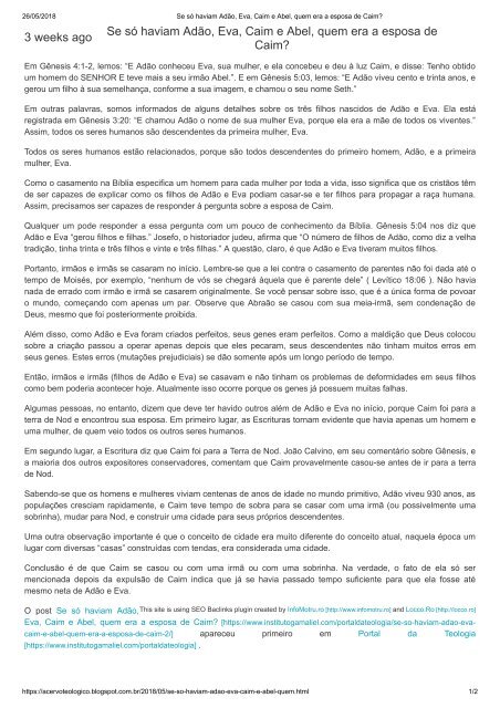 Se Só Haviam Adão Eva Caim E Abel Quem Era A Esposa De Caim Se Só Haviam Adão Eva Caim E Abel Quem Era A Esposa De Caim