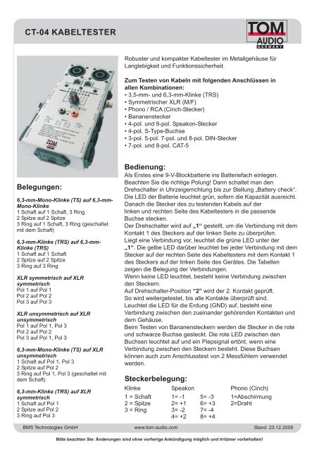 Ct 04 Cable Tester Bms Audio