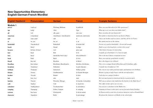 Elementary Opportunities Wordlist New English-German-French
