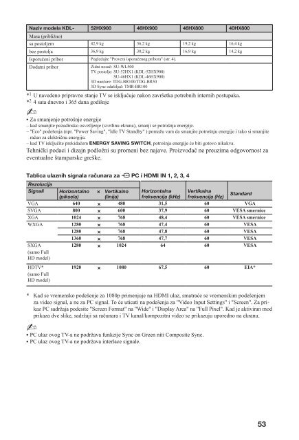 Sony KDL-46HX800 - KDL-46HX800 Mode d'emploi Serbe