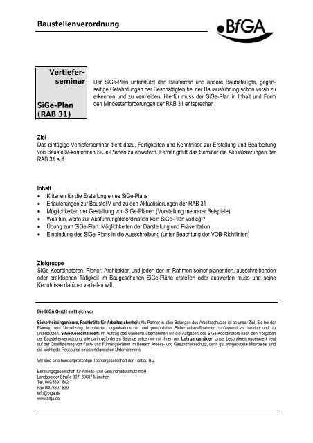 Baustellenverordnung Vertiefer- seminar SiGe-Plan (RAB 31) - BfGA