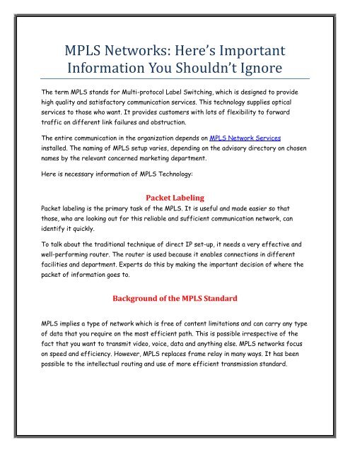 MPLS Networks: Here’s Important Information You Shouldn’t Ignore