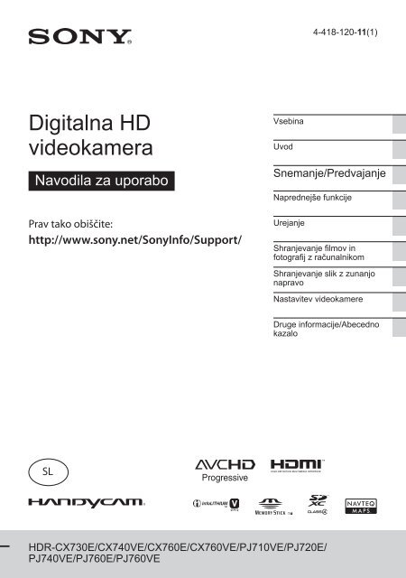 Sony HDR-PJ720E - HDR-PJ720E Mode d'emploi Slov&eacute;nien