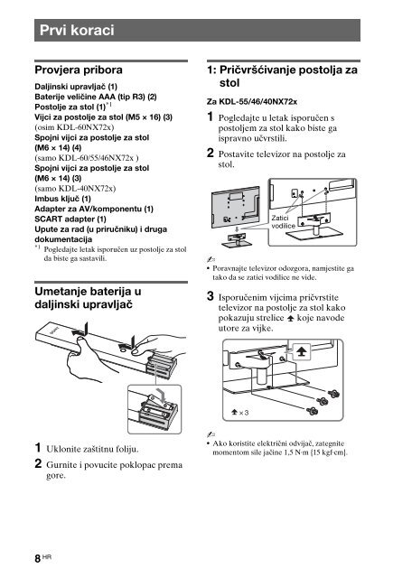 Sony KDL-40NX725 - KDL-40NX725 Consignes d&rsquo;utilisation Croate