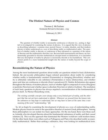 The Distinct Nature of Physics and Cosmos Reconsidering ... - FQXi