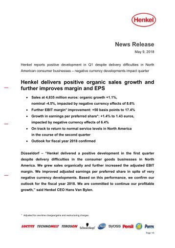 Henkel delivers positive organic sales growth and further improves margin and EPS