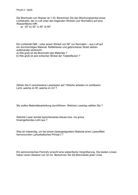 Physik II - Optik Die Brechzahl von Wasser ist 1,33 ...