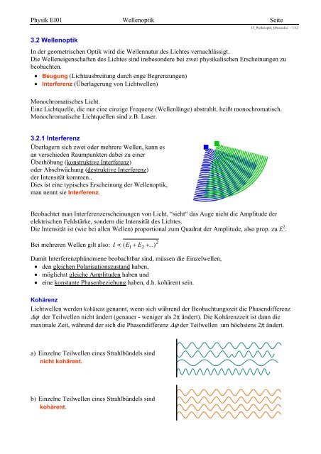 Physik EI01 Wellenoptik Seite 3.2 Wellenoptik In der geometrischen ...