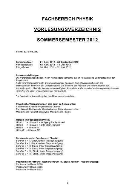 Fachbereich Physik Vorlesungsverzeichnis Sommersemester 12