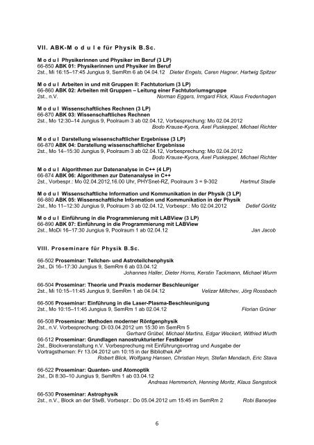 fachbereich physik vorlesungsverzeichnis sommersemester 2012