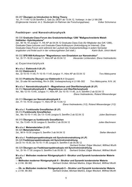 fachbereich physik vorlesungsverzeichnis sommersemester 2012