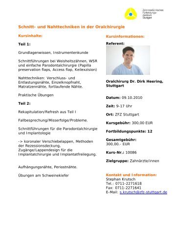 Schnitt- und Nahttechniken in der Oralchirurgie - ZFZ Stuttgart