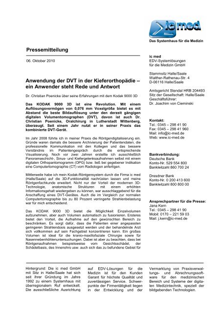 Pressemitteilung Ic Med Edv Systemlosungen Fur Die Medizin