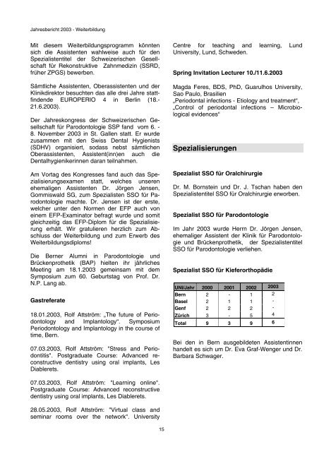 Jahresbericht 2003 - zahnmedizinische kliniken zmk bern ...