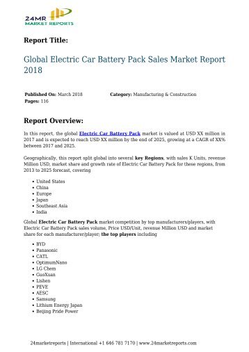  Electric Car Battery Pack Sales Market Report 2018