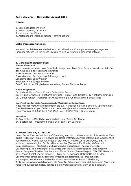 Call a doc e.V. - Newsletter August 2011 Inhalt: 1 ...